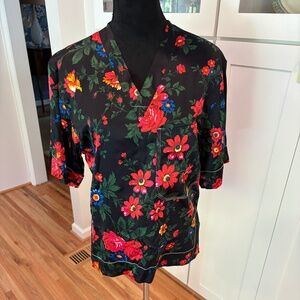 CELINE Vintage Floral V-neck Short-Sleeved Silk Blouse, Sz 38